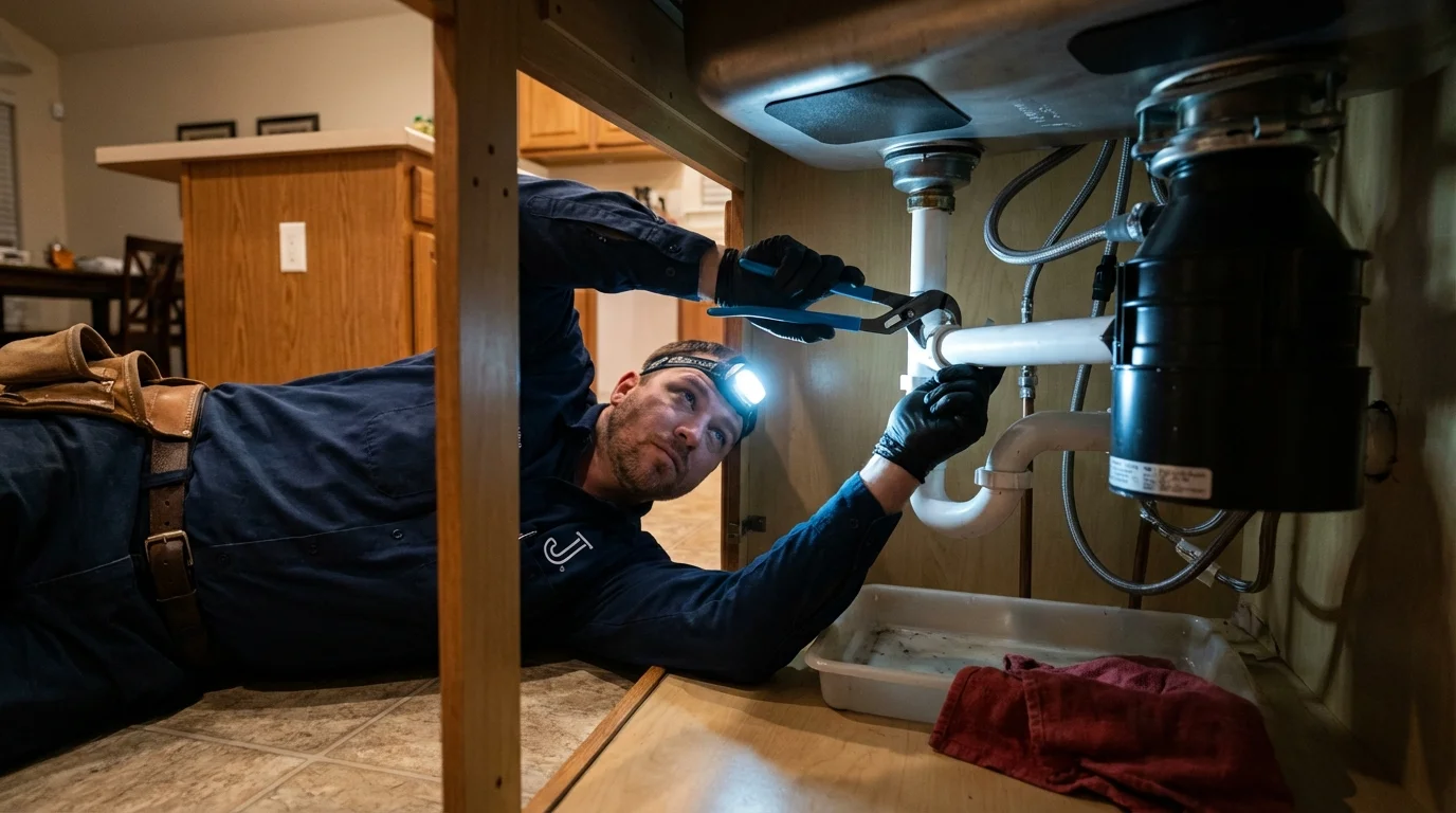 P-trap and supply line connections under a kitchen sink showing a common leak point in Frankfort, OH